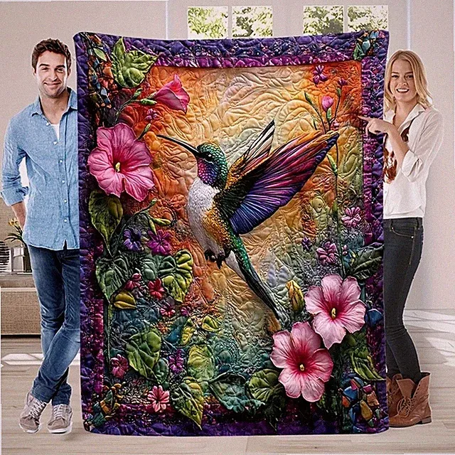 1pc Bohemian Style Colorful Hummingbird Floral Print Flannel Blanket