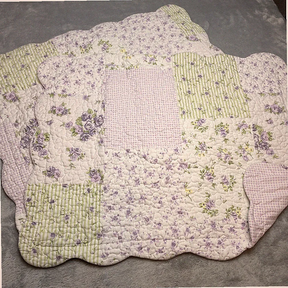 2 Cottagecore Quilted Pillow Shams Standard Size Purple Green Floral Patchwork