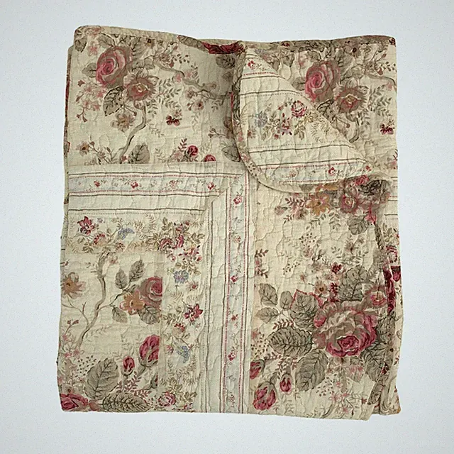 Antique Rose Floral 100% Cotton Quilted Throw Blanket 50x60 Inch Ecru Bed New
