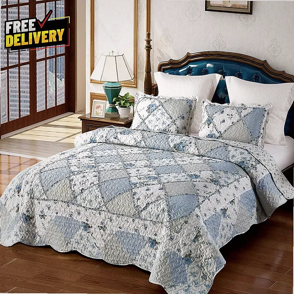 Blue Floral Patchwork Quilt Set, Full Queen Size 3 Piece Bedding Set with 2 Pi..