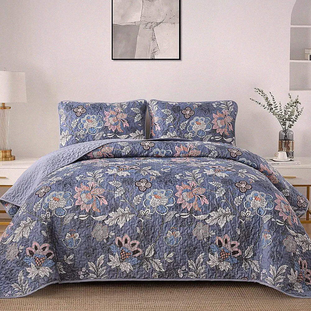 Blue Quilt Set Queen Size, Blue Botanical Floral Queen Bedspread Bedding Sets So