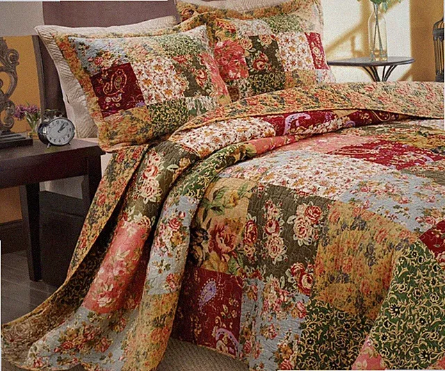 COUNTRY FARMHOUSE XXL PATCH 3p Cal King BEDSPREAD : RED GREEN ANTIQUE VINTAGE