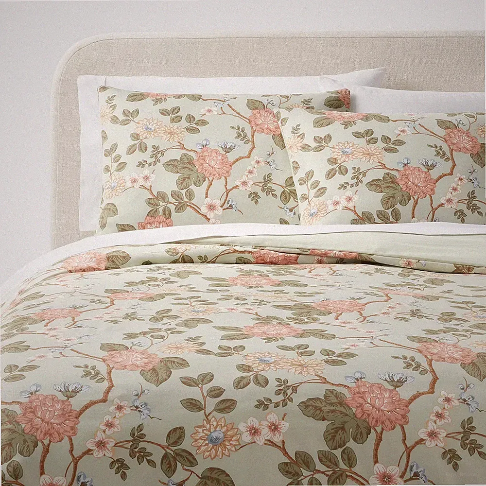 King Trad Floral Print Duvet and Sham Set Light Sage Green/Light Pink/White