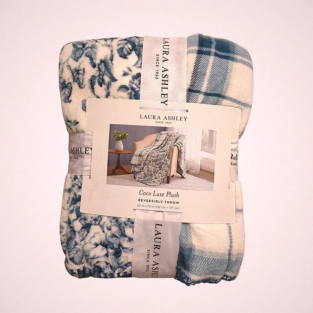 Laura Ashley Coco Luxe Plush Reversible Throw Blanket, 60in x 70in, Smoke Blue