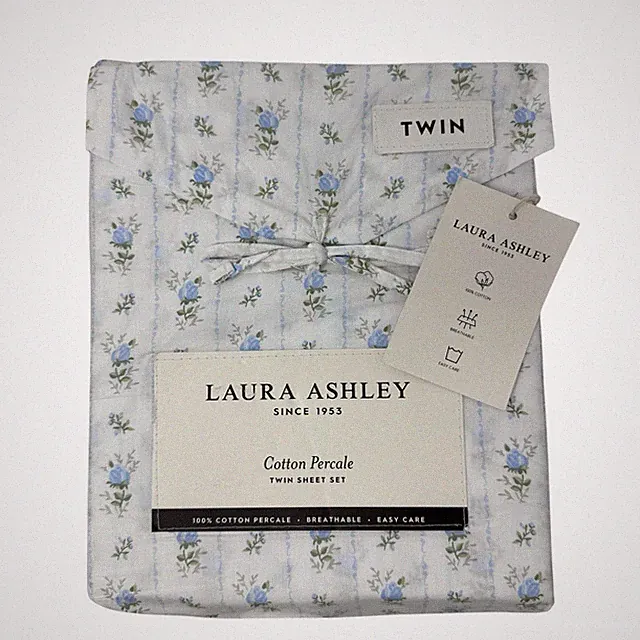 Laura Ashley Twin Cotton Percale Sheet Set Blue Sweet Buds Cottagecore NWT