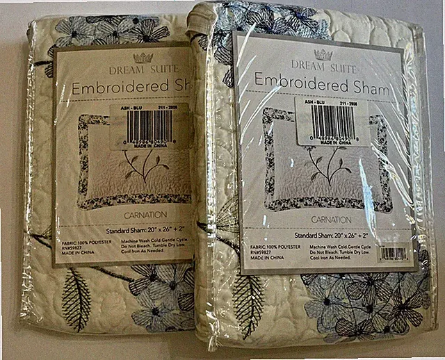 Lot Of 2 Dream Suite Embroidered Pillow Shams Quilted Carnation Standard Sz Blue