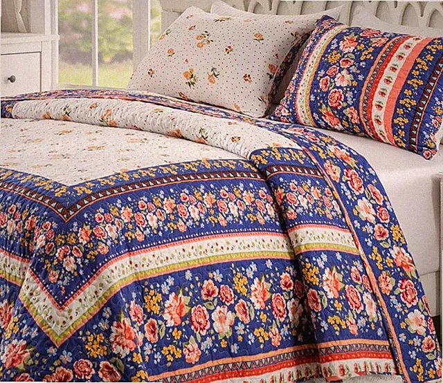 MARSHA BLUE 3pc King QUILT SET : FARMHOUSE COUNTRY FLOWERS FLORAL WASHINGTON