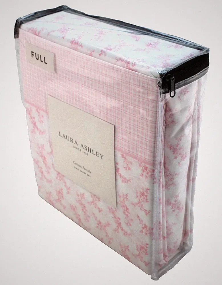 New LAURA ASHLEY Full Size Pretty Toss Pink Floral 4 Pc Cotton Percale Sheet Set
