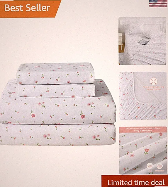 Pink Floral Twin Sheets Set Microfiber Fitted Sheet Pillowcase 3 Pieces