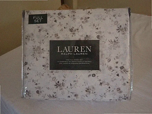 Ralph Lauren Floral Full 4 pc Sheet Set Grey/ Taupe White Cotton Sheet Set NWT