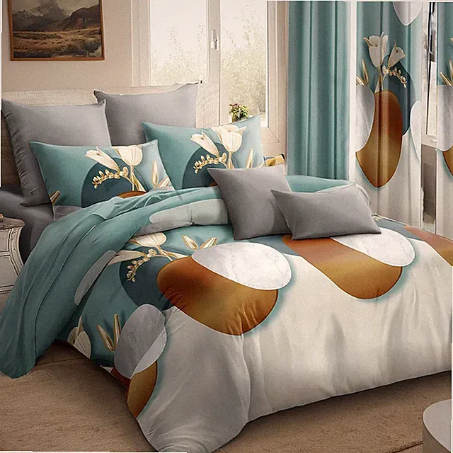 Teal Geometric-Floral 9-Piece King Microfiber Comforter Set with Curtains